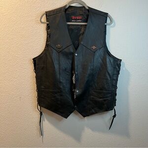 Men’s Event Biker Leather black motorcycle vest with Harley Davidson patches